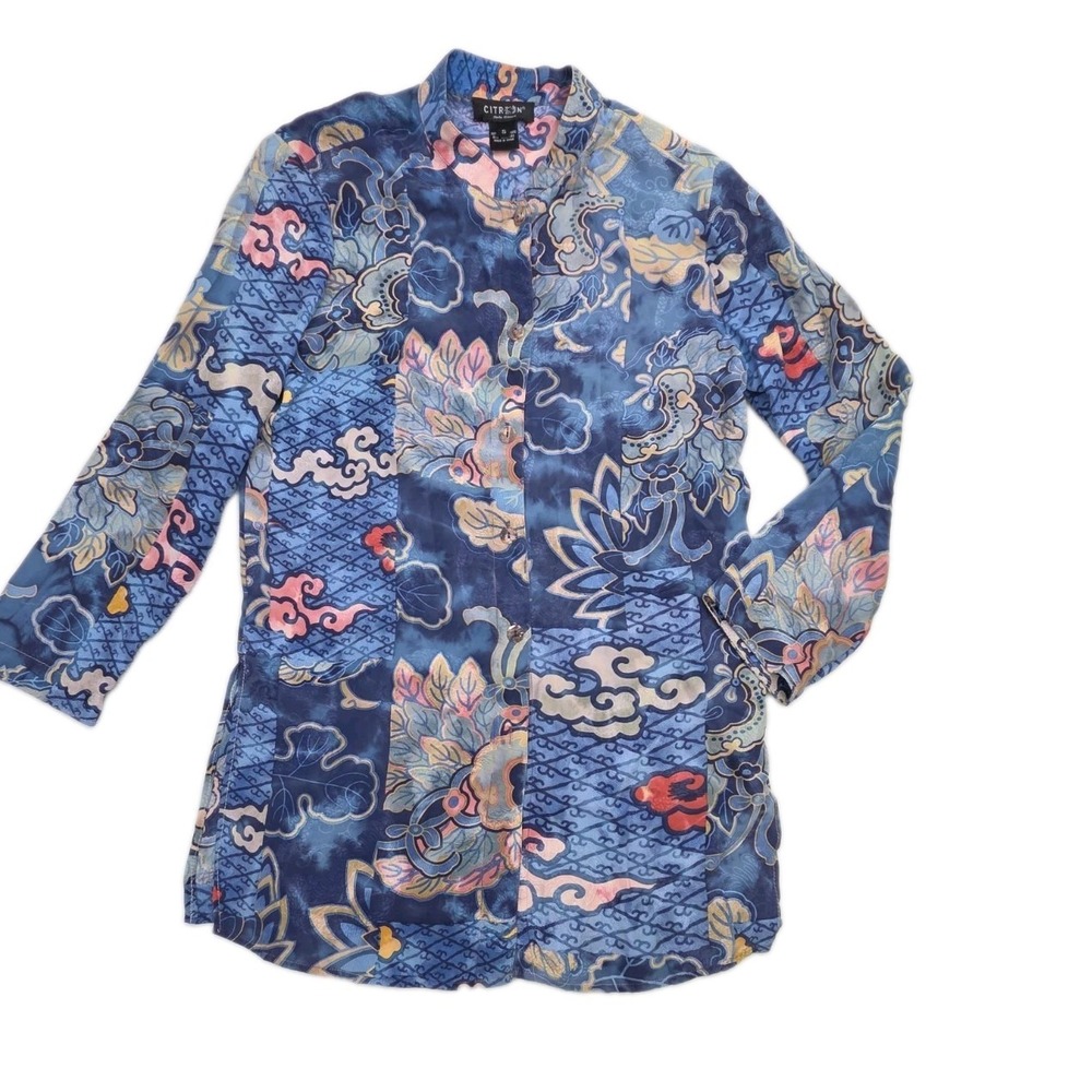 Citron Santa Monica 100% Silk Mandarin Collar Tunic Duster Asian Floral Art Sz S
